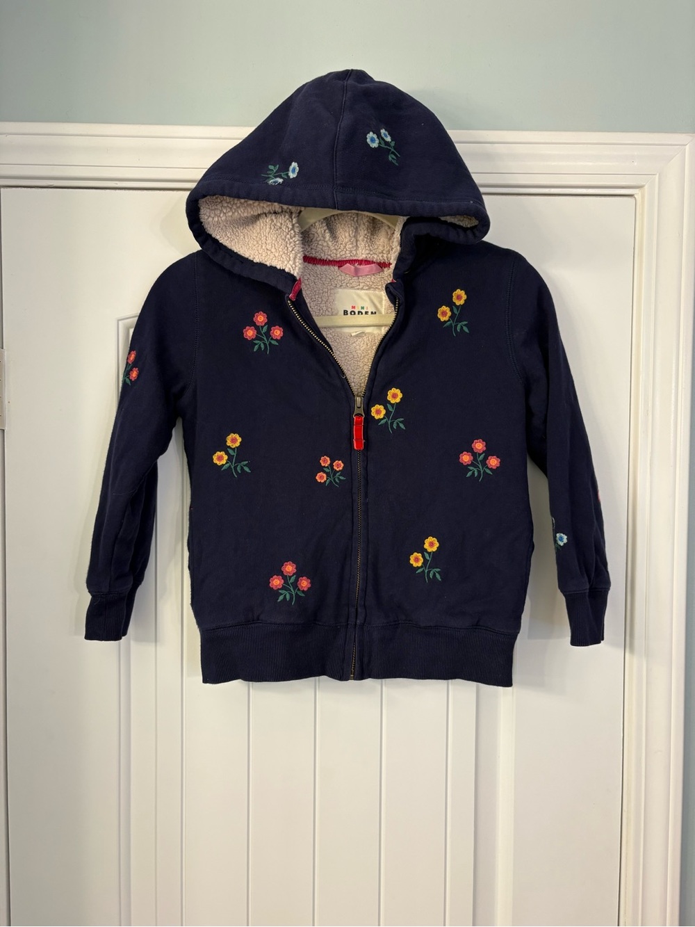 Mini Boden Navy Floral Sherpa Hoodie with Embroidered Flowers
